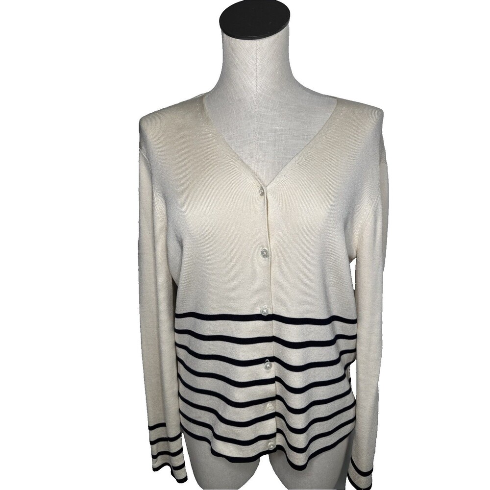Lauren Ralph Lauren Silk Blend Striped Cardigan Womens Size Large Cream Navy